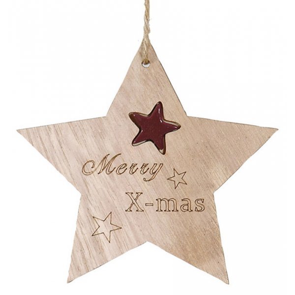 Χριστουγεννιάτικο Κρεμαστό Ξύλινο Αστεράκι, με Σχέδιο "Merry X-mas" και Μικρό Αστεράκι Μωβ (12cm)
